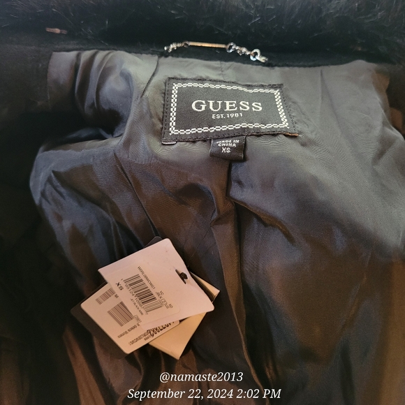 Guess Wool Blend Coat with Faux Fur Collar Brushed Fabric 3/4 Length Designer 68 - Picture 13 of 16